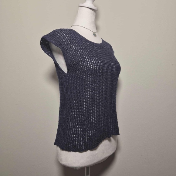 Eileen Fisher Organic Linen Cotton Blend Chunky Knit Open Split Back Navy Top S - Picture 2 of 8